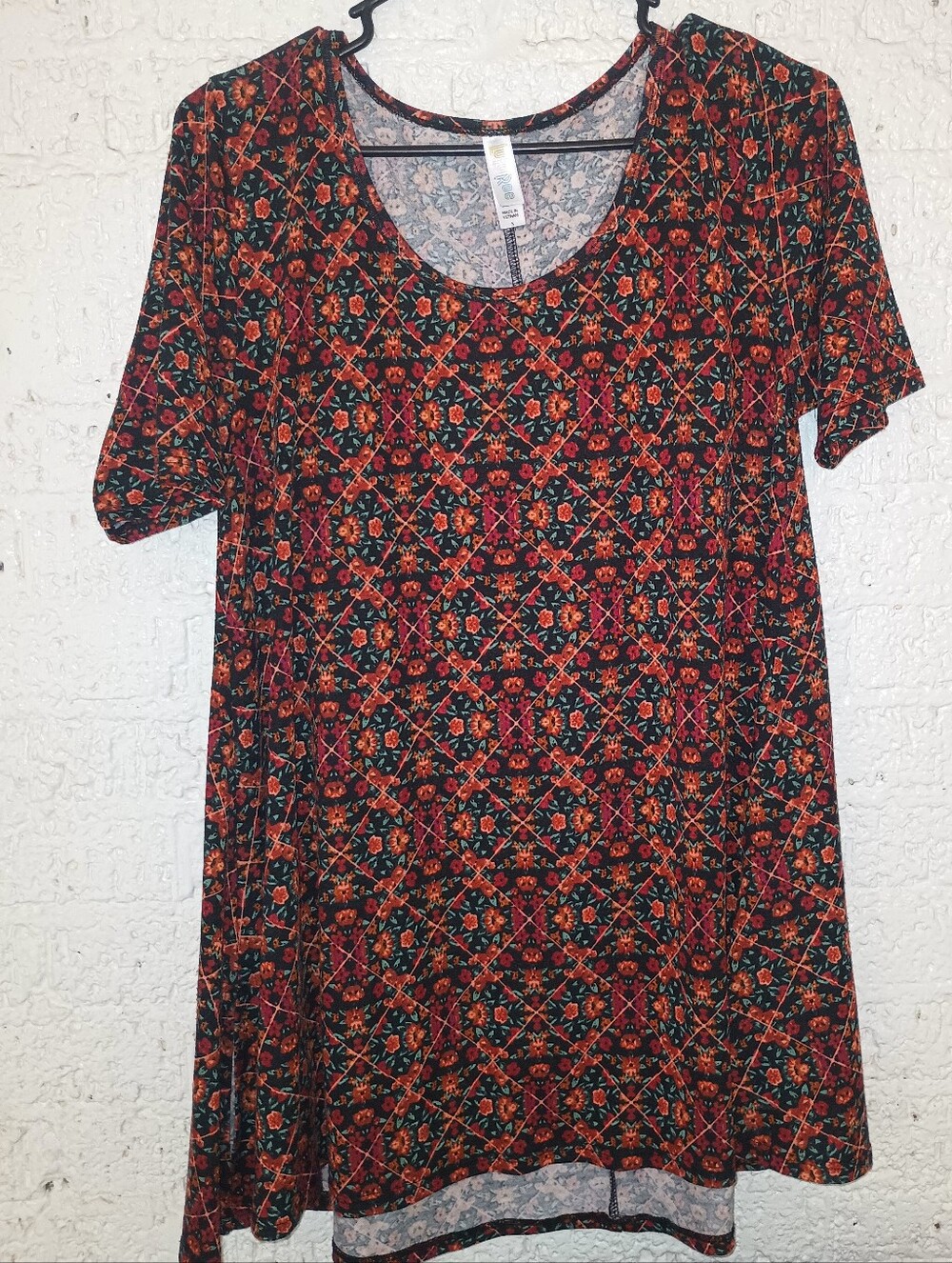 Floral Geo-Print Short Sleeve Women's Top - Red